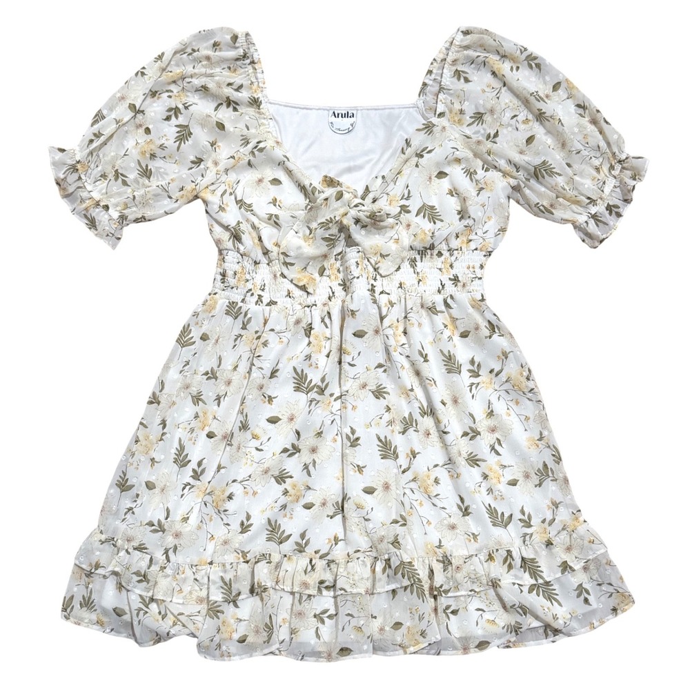 Arula Ivory Floral Smocked Mini Dress Plus Size A Square Neck Puff Sleeve Tiered